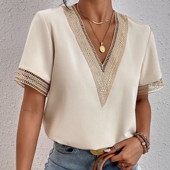 Luxe apricot casual V neck lace blouse - Picture 1 of 6